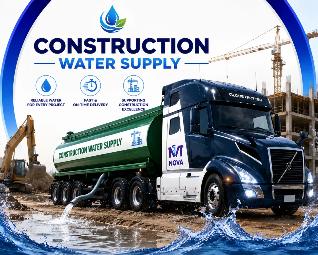 Construction water tanker for concrete mixing and dust control