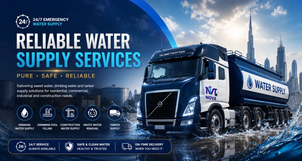 Water tanker delivering to a residential community in Dubai